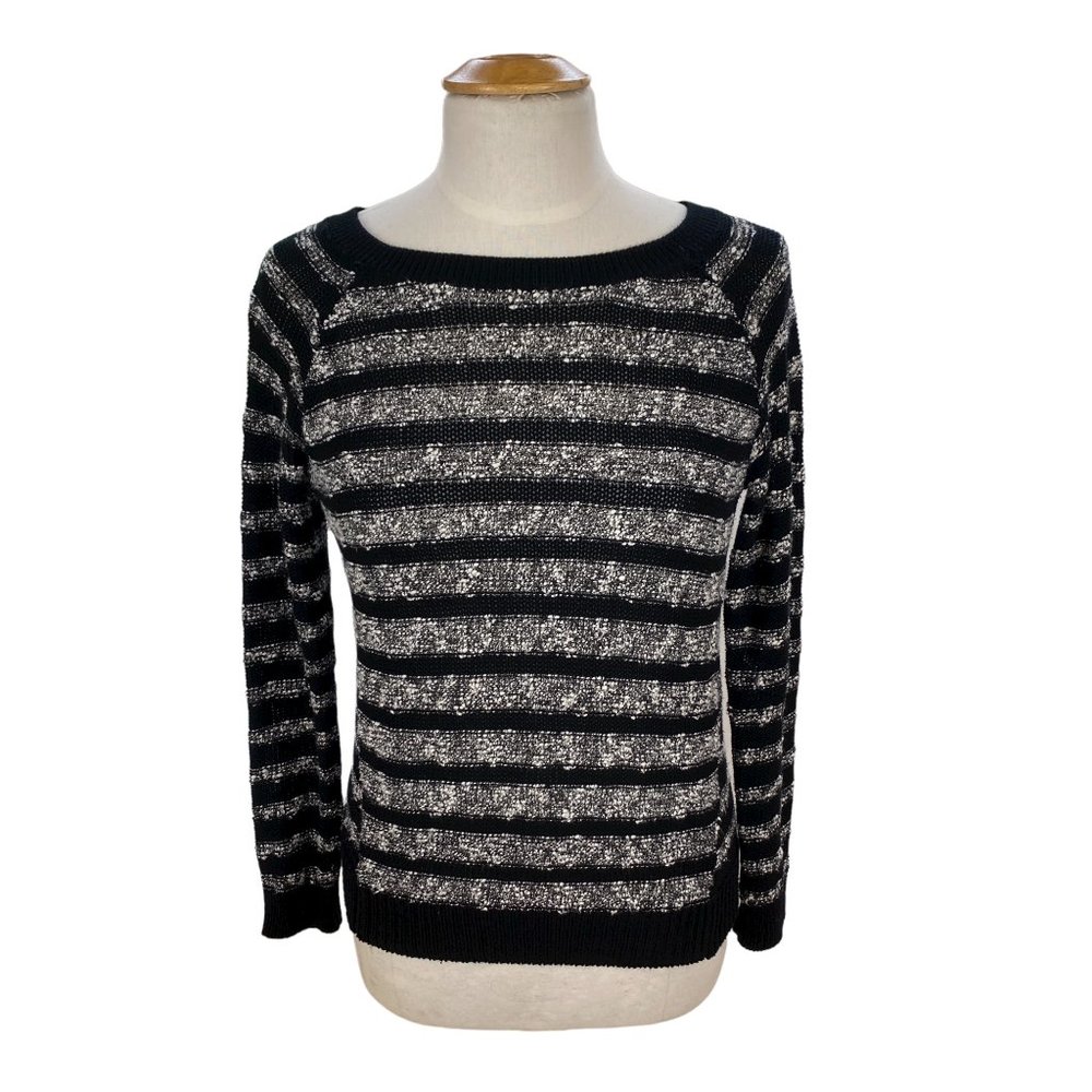Lou & Grey Striped Bouclé Knit Sweater Black White French Girl Parisian Cozy-XS